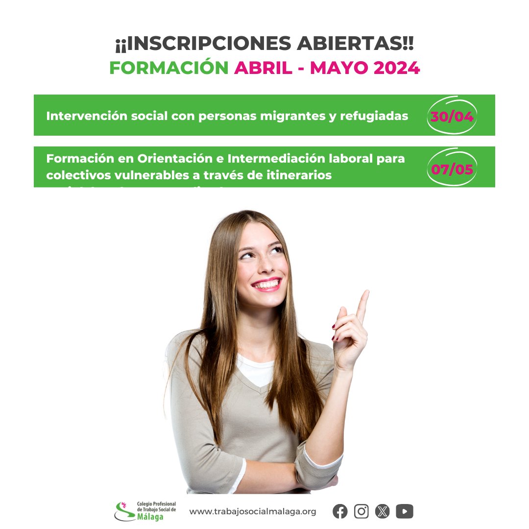 COLEGIOTSMALAGA's tweet photo. 📢‼️ ABIERTA INSCRIPCIÓN de las #accionesformativas programadas 💻👩🏫 para el mes de ABRIL y MAYO.
✅No te quedes sin plaza!! Infórmate e inscríbete en https://t.co/iZ12fI7fKF https://t.co/DpW0TJToak