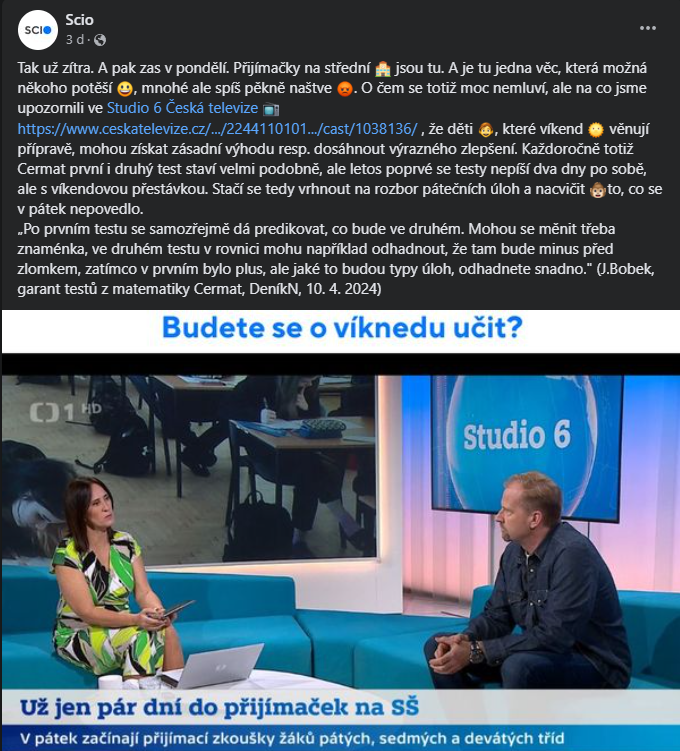 HonzaZem_'s tweet photo. Dnes se píšou podruhé testy Jednotné přijímací zkoušky
1️⃣ Děti byly celý víkend ve stresu, řešily test z pátku a nyní vyhodnocují pravděpodobnost, jestli budou úlohy stejné
2️⃣ Scio sdílí příspěvky se smajlíky a opičkami, jestli se budou děti o víkendu učit 🐵😃
3️⃣ ... https://t.co/YkpF3Syptx
