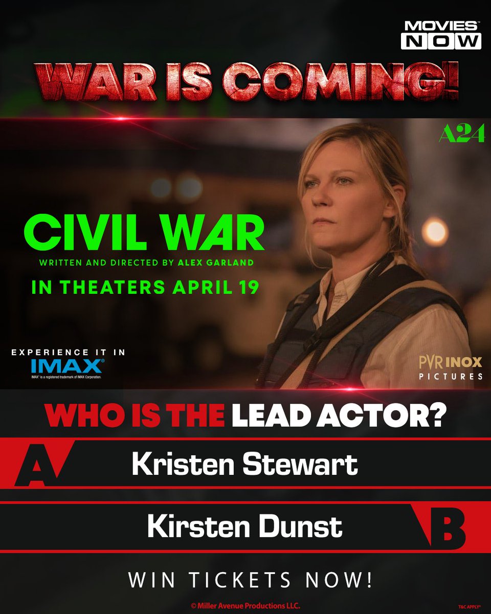 #ContestAlert Hint: She plays a character called Lee. 🤫 Guess the right answer and stand a chance to win free movie tickets for ‘Civil War’! 🤩 #CivilWar #PVR #KirstenDunst #WagnerMoura #NickOfferman #Action #War #Military #Fight #MoviesNow