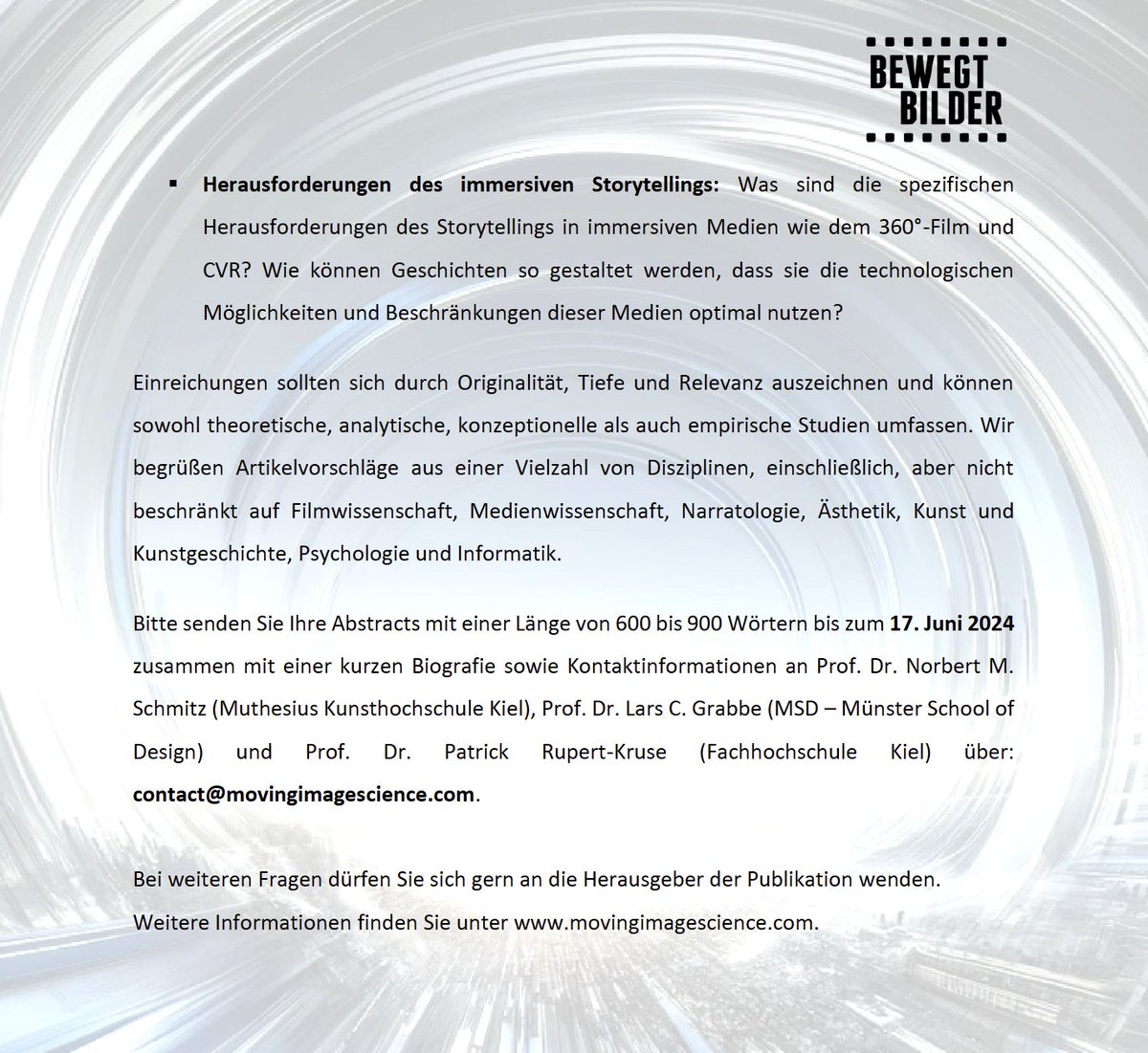 Call for Papers der Buchreihe 'Bewegtbilder' 🤩... Zur 'Narration und Ästhetik des 360°-Films'... movingimagescience.com/call-for-paper…