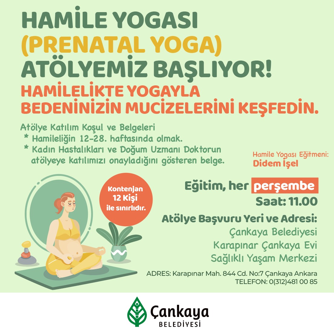 📢Hamile Yogası Atölyemiz için başvurular devam ediyor.

***Atölyemize, Karapınar Çankaya Evi Sağlıklı Yaşam Merkezimizden başvuru yapabilirsiniz.

📍Karapınar Mh. 844. Cd. No:7