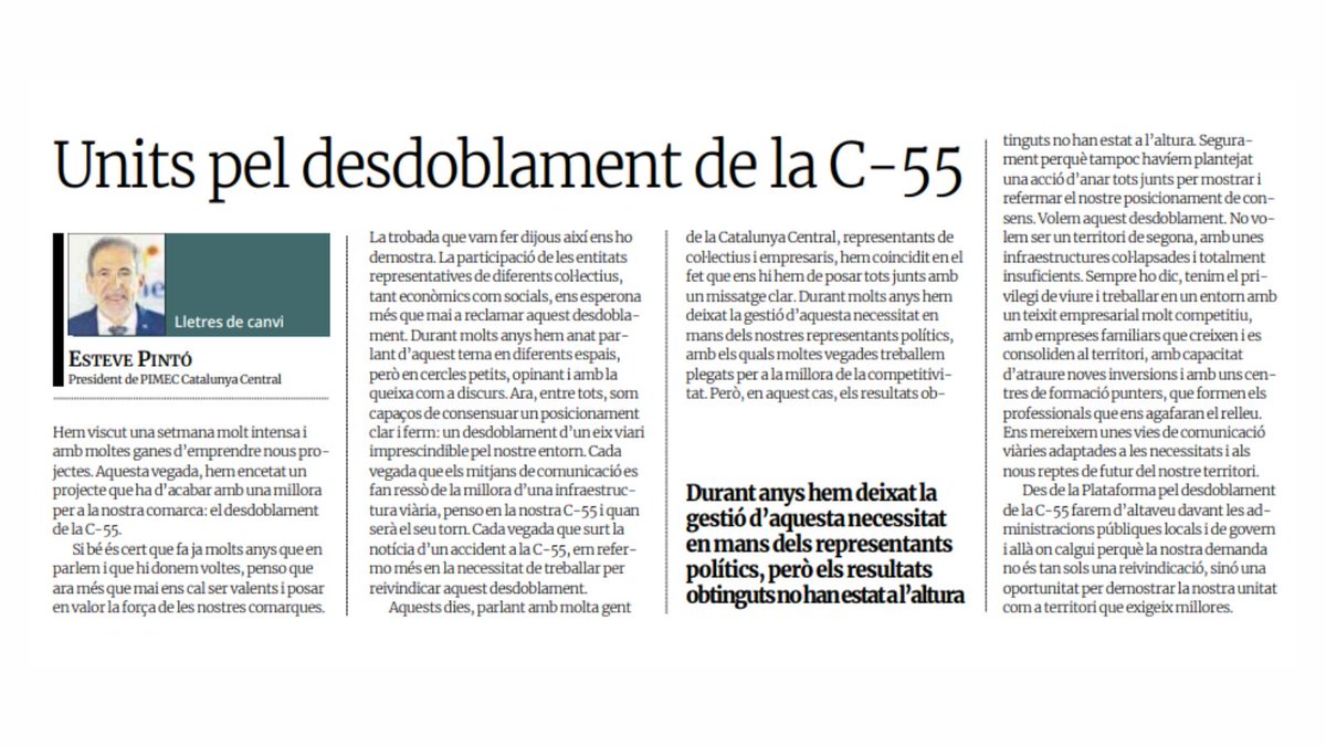 Esteve Pintó (@estevepinto) on Twitter photo 💬«Entre tots, som capaços de consensuar un posicionament clar i ferm: un desdoblament d’un eix viari imprescindible pel nostre entorn».
📰Units pel desdoblament de la C-55 (<a href="/diariRegio7/">Regió7.cat</a>) 💬«Entre tots, som capaços de consensuar un posicionament clar i ferm: un desdoblament d’un eix viari imprescindible pel nostre entorn».
📰Units pel desdoblament de la C-55 (<a href="/diariRegio7/">Regió7.cat</a>)