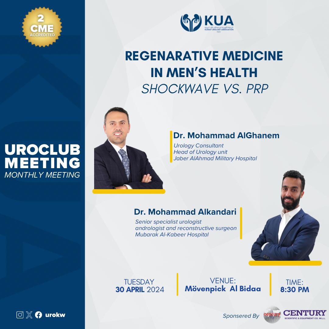 We are back to our academic activities. See you back in the next Uroclub in 30th APRIL with an exciting topic, REGENERATIVE MEDICINE IN MEN’S HEALTH Venue: Movenpick Al Bidaa Time: 8:30 PM Special thanks to CENTURY for their support