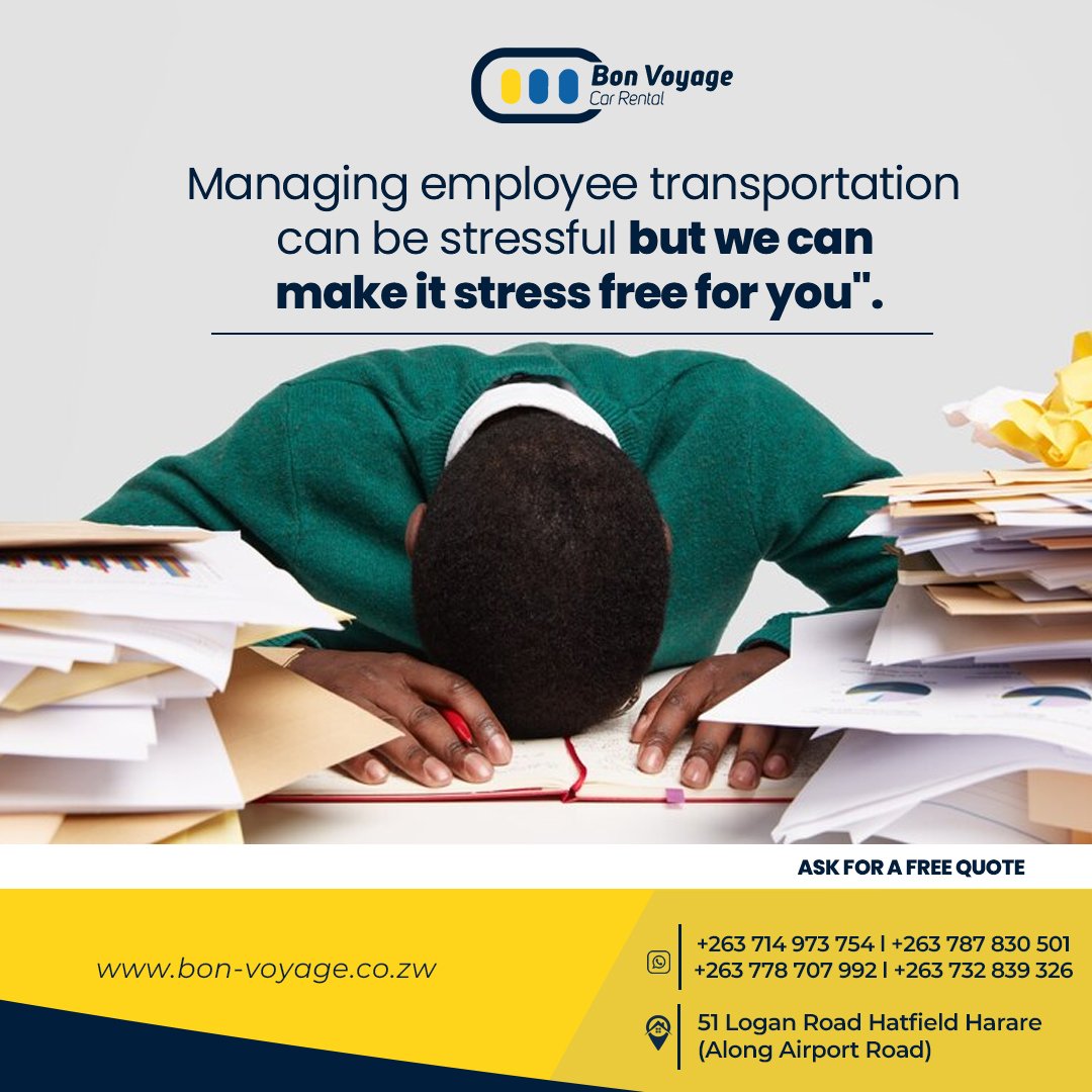 Managing employee transportation can be stressful but we can make it stress free for you.
#hireacarzimbabwe #carrentalservice #carhireservices #bonvoyagecarrental
bon-voyage.co.zw