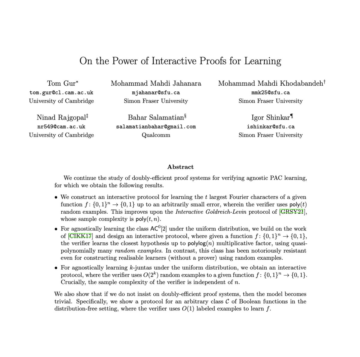 Excited to share this work (to be presented in STOC 2024), which provides new and improved ways to delegate machine-learning tasks via PAC verification, a beautiful notion recently introduced by Goldwasser, Rothblum, Shafer, and Yehudayoff. 1/2 arxiv.org/abs/2404.08158…