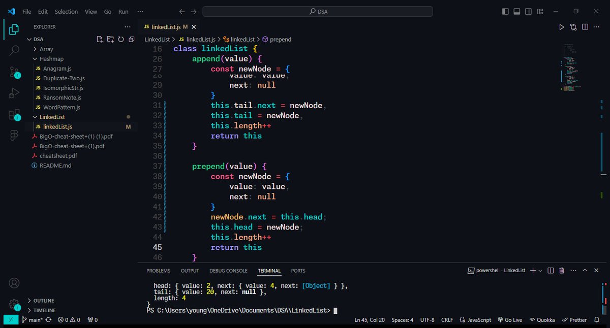 Still on my journey to learning how to implement linked list.
Today I learned how to implement prepend method i.e adding new element at the beginning of the linked list.
#programming #linkedlist #DSA #SWE #Algorithms