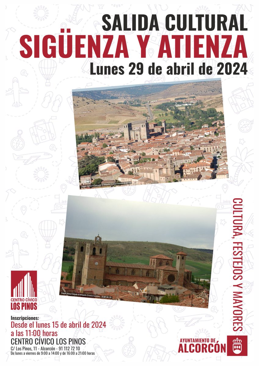 📅 Hoy 15 abril 🕗 11h 📌 Inscripciones para 🎈Recorrido Pio BAROJA en Madrid. Vida y obra (22 abril) 🎈 Salida cultural a Sigüenza y Atienza (29 abril) ➡️ En Centro Cívico Los Pinos (C/Los Pinos,11) #cultura #Alcorcón