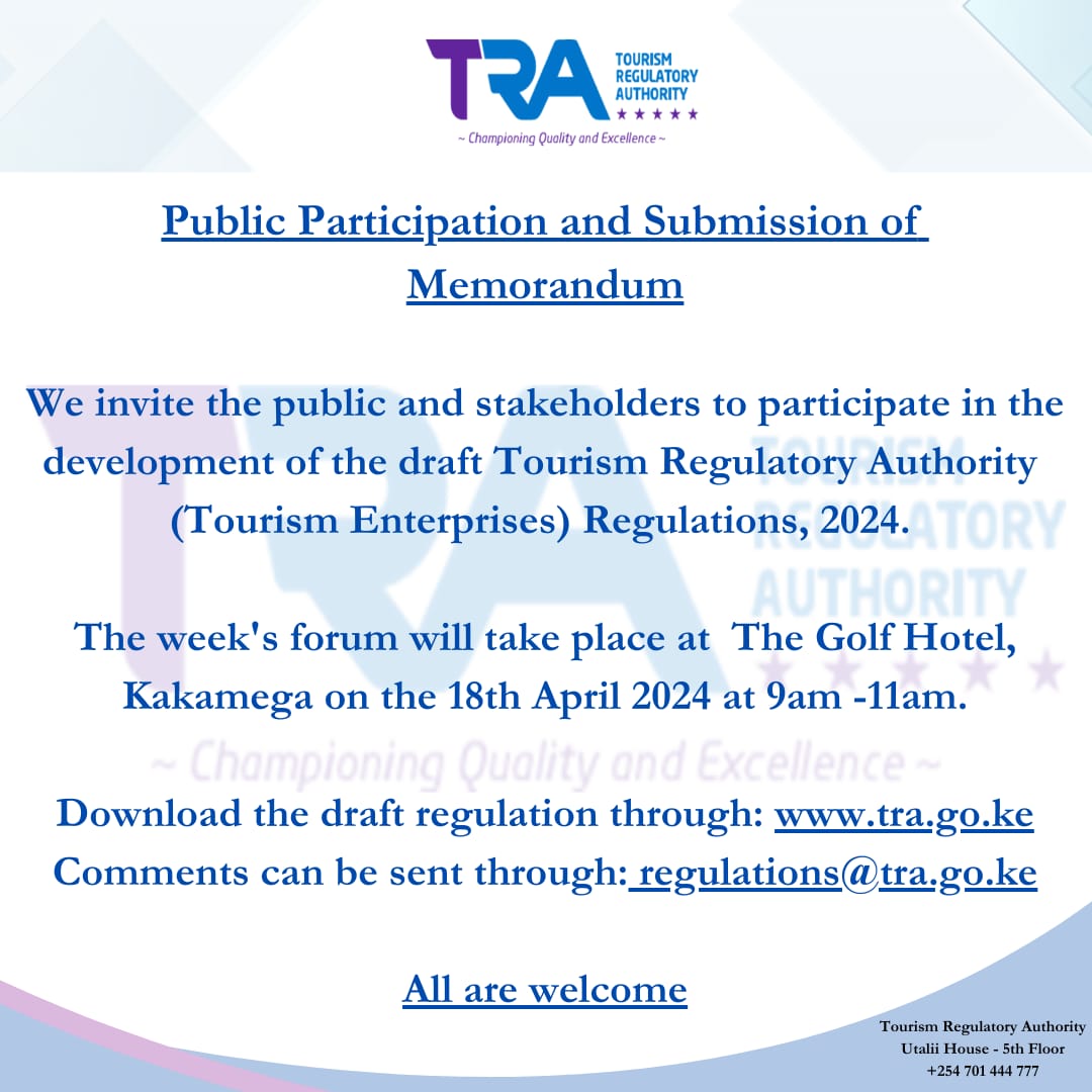 Join us this week at Golf Hotel Kakamega for our public participation forum and memorandum submission. @Kakamega_037 @KAHC_Kenya @Min_TourismKE @GolfHotelkak