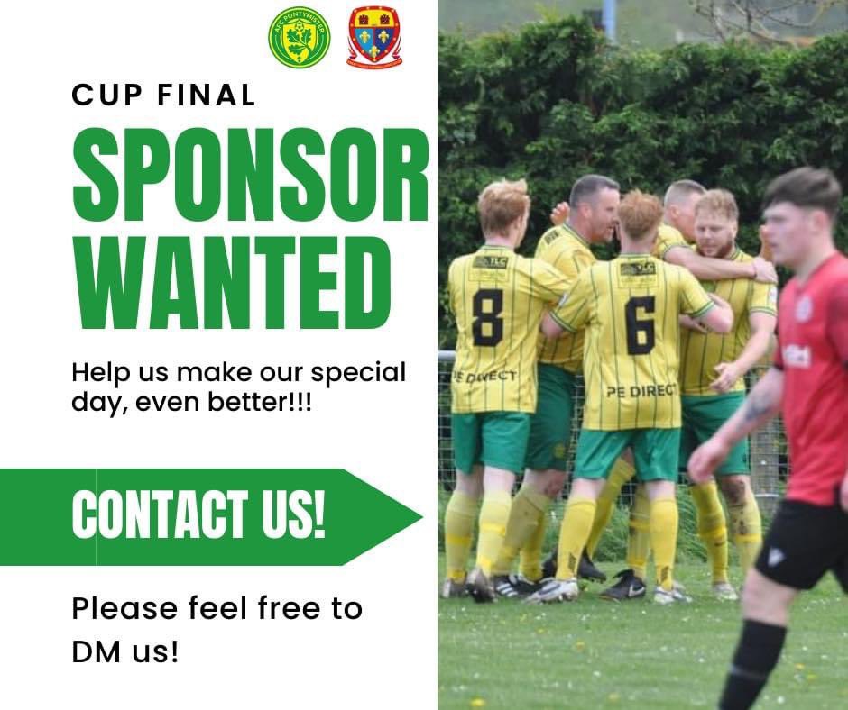 Sponsor Wanted We have made it to the 2024 Gwent Amateur Cup final on May 11th. However to make this day extra special we are looking for sponsors to help contribute to the occasion. If you’d like to know more please DM or Tag in comments below! 💛💚📧