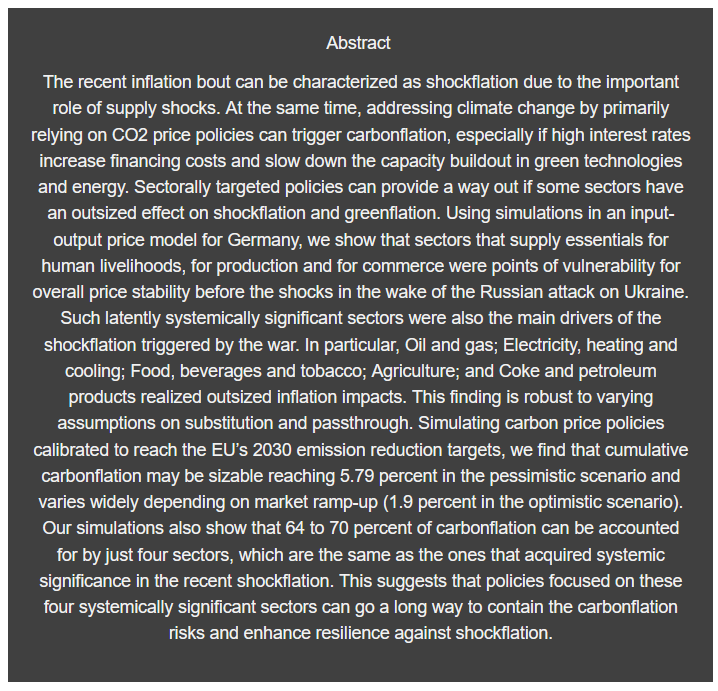 📅Tomorrow, 16.04.24, @J_E_Thie from @IMKFlash will present 'Caught between 'Shockflation' and 'Carbonflation'? Systemically Significant Prices, Carbon Prices and Sectoral Policy Targeting in an Input-Output Framework for Germany' in the Potsdam Research Seminar in Economics.