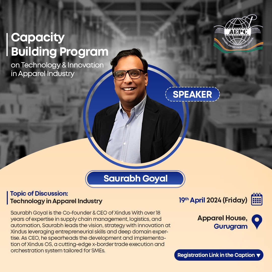 aepcindia's tweet photo. We're thrilled to introduce Saurabh Goyal, Co-founder & CEO of Xindus, as the speaker for our upcoming Capacity Building Program on Technology and Innovation in the Apparel Industry! ✨

Saurabh brings over 18 years of experience in supply chain management, logistics, and automation. He'll be sharing his insights on how technology is transforming the apparel industry and how SMEs can leverage it for success.

Don't miss this opportunity to learn from an industry leader!

Date: April 19th
Venue: Apparel House Gurugram

Register Now! https://t.co/dxTVulPk57 

#AEPC #appareltechnology #innovation #capacitybuilding #SME #SaurabhGoyal #Xindus