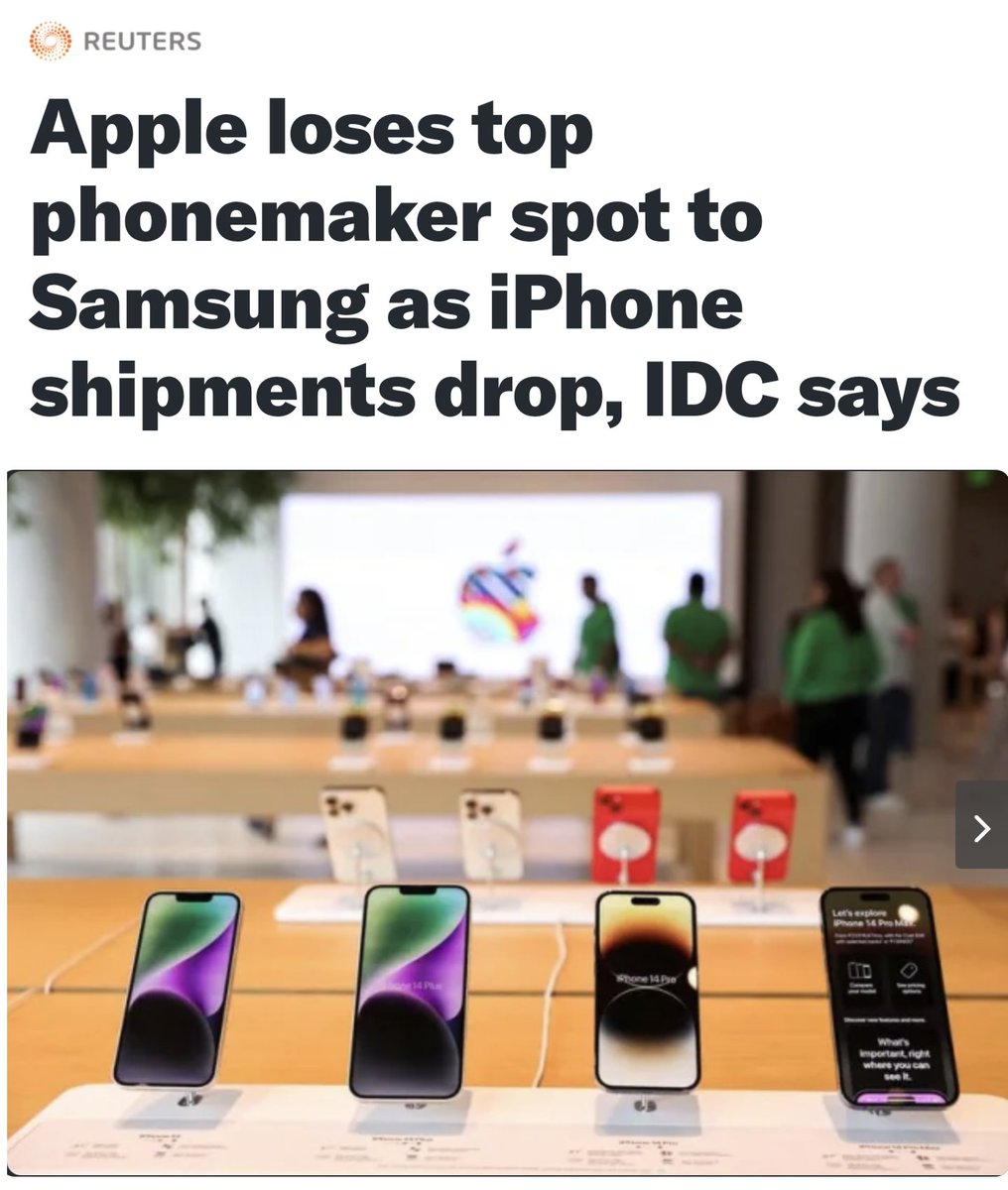 iHateApplee's tweet photo. Apple loses top phonemaker spot to Samsung as iPhone shipments drop. 
Samsung is back on top. https://t.co/LmDIDOdhwX