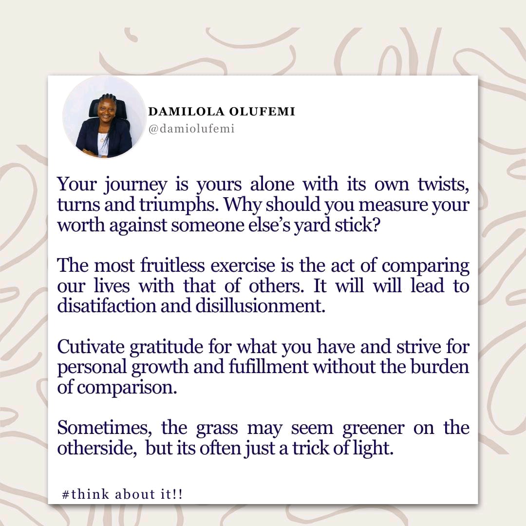 Damiolufemi1's tweet photo. Did you miss the video on Comparison? Here goes ❤️

Have a splendid week ahead https://t.co/alk0QApAaO