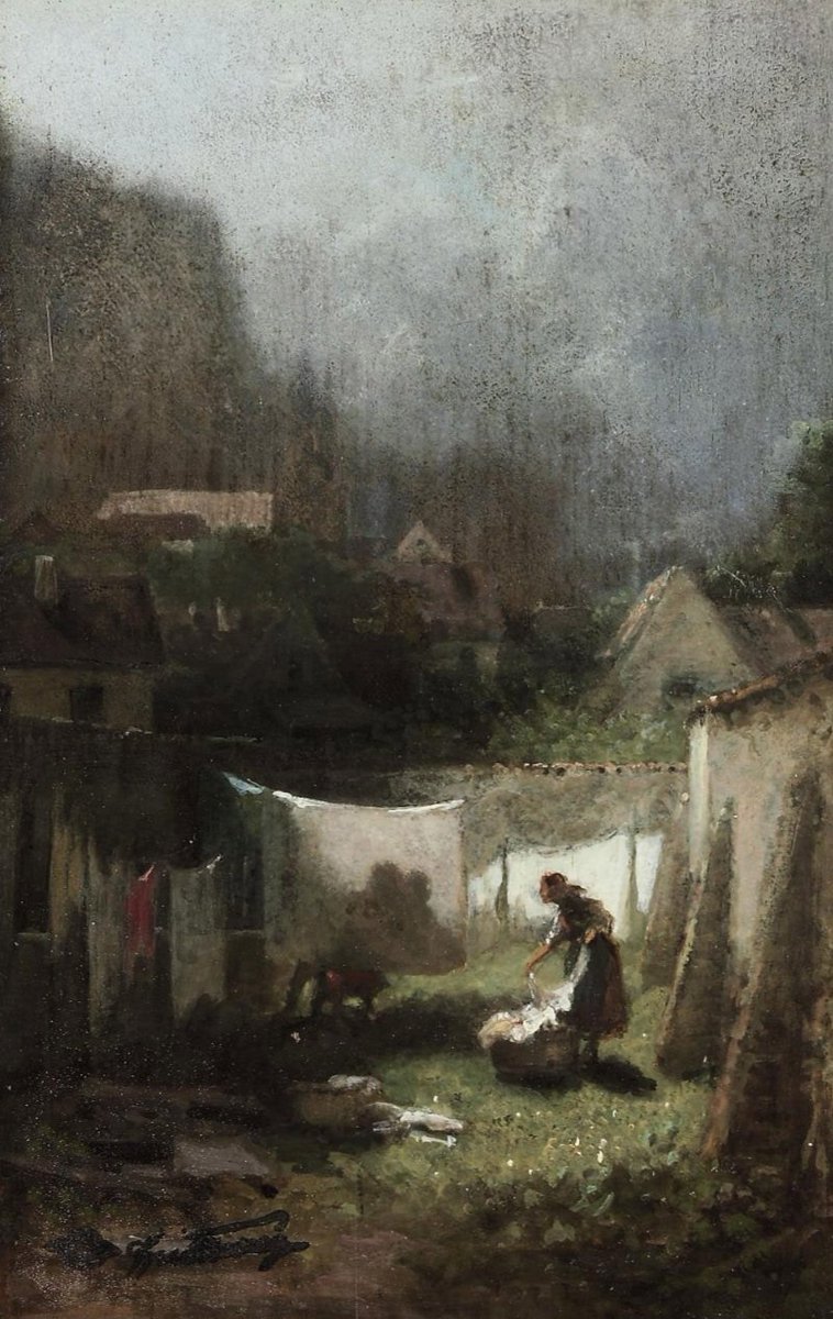 'Collecting the washing.' (c1880) Carl Spitzweg originally trained as a pharmacist before devoting himself to painting full-time; in his early years, Honoré Daumier's caricatures were an important influence for him. Spitzweg had a particular interest in the effects of…