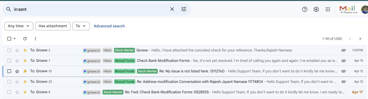 namaserajesh's tweet photo. Groww (@_groww) is having the worst customer service I have ever seen. Bank modification forms were delivered on 26th February. They have not updated my bank address and are saying it's been updated. I have sent many follow-up emails but no luck 😥☹️

Have sent many emails. https://t.co/ZdYF3vsO51