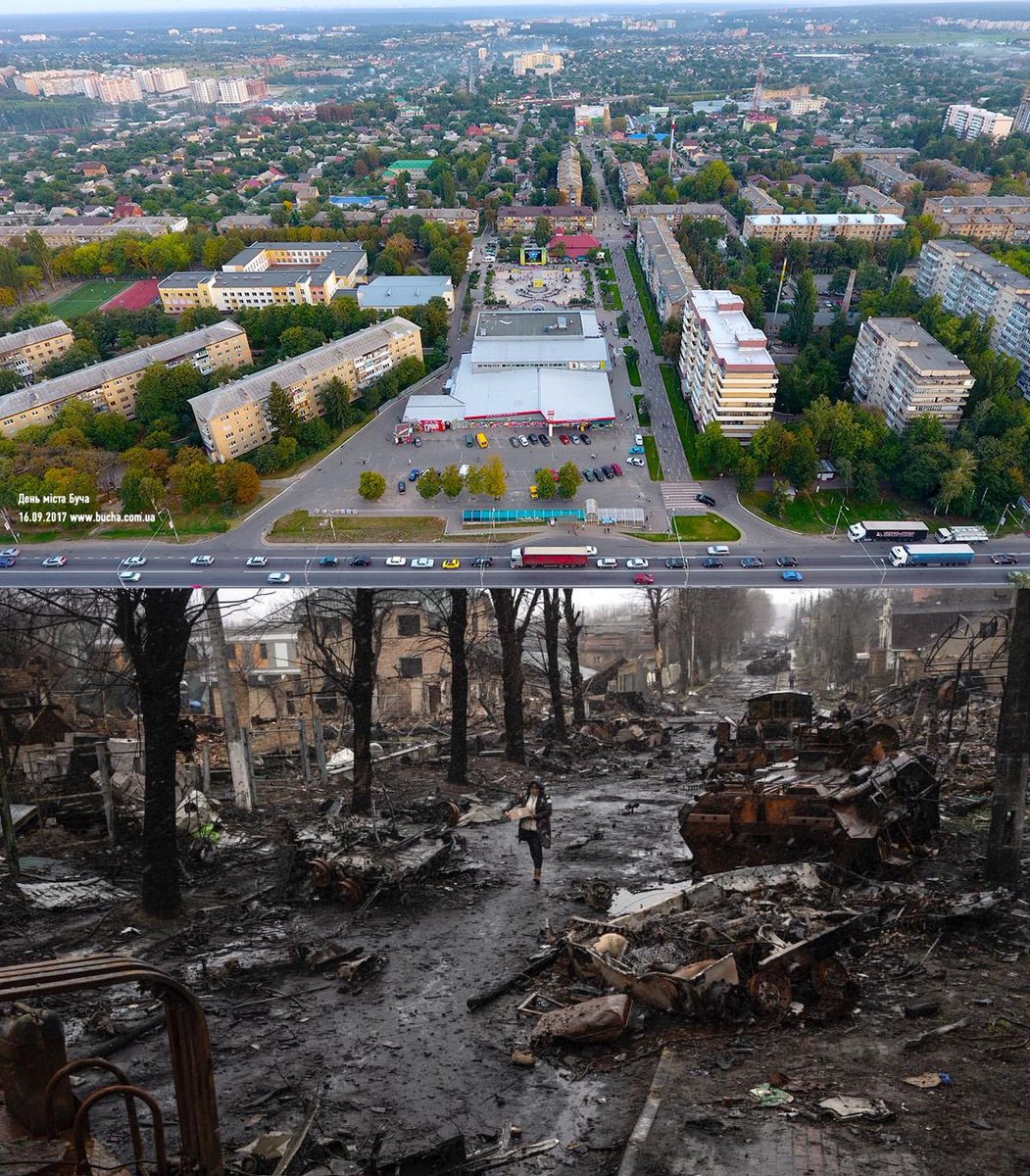 Israel, before and after the Iranian bombing.
Western countries helped to close the sky.

And Bucha, Ukraine, before and after russian attack.
Western countries have refused to help with fighter jets for over two years.