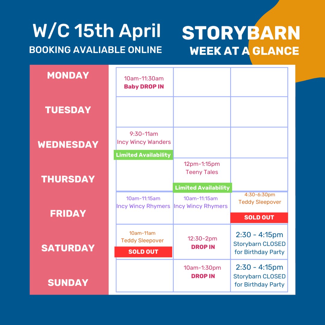 It's a new week in The Storybarn, with lots of sessions happening. Don't forget, Incy Wincy Rhymers is back this Friday with two sessions at 10am and 12:30am! Book through our website today!! #calderstonespark #storybarn #readingforpleasure
