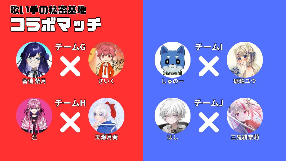 Studio_TFS's tweet photo. コラボマッチの進捗状況をお知らせ！！

コラボマッチのペアが決定！！

全28名14組のコラボペアで
歌い手の秘密基地 コラボマッチを開催！！

現在、各ペアでコラボ楽曲を決定中！！

どんな作品が完成するか今から楽しみです！！ https://t.co/ZDZtaaHdxG