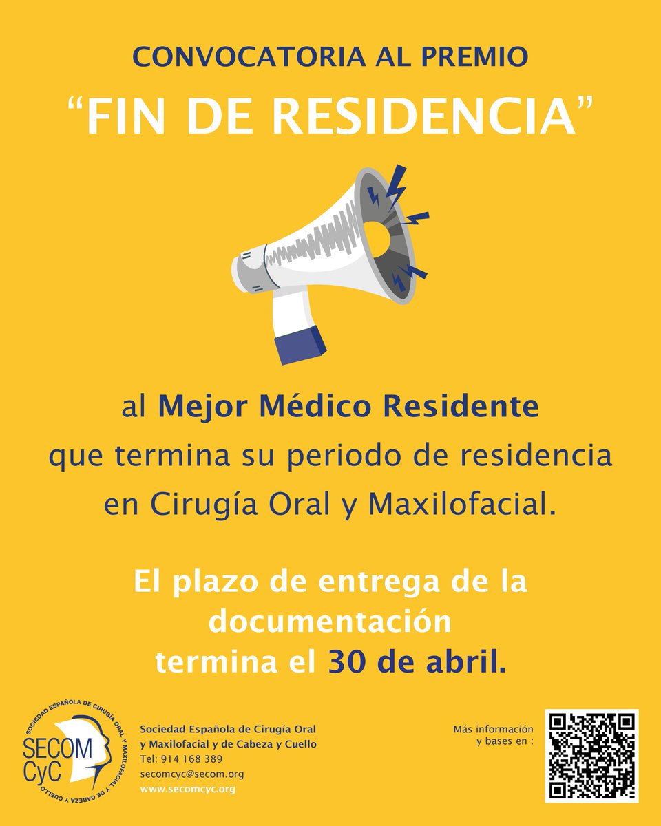 SECOMmxf's tweet photo. ⚕️CONVOCATORIA AL PREMIO “FIN DE RESIDENCIA” al Mejor Médico Residente que termina su periodo de residencia en COMxf

🍀Para + Información y Bases, escanear el QR 

🗓️Plazo de entrega de la documentación termina el 30 de abril. https://t.co/DGlT4bmb7O