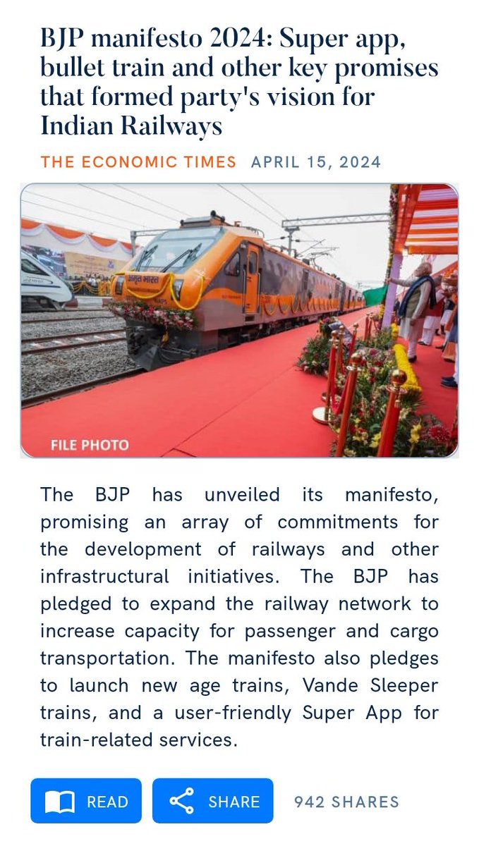 Rajeshpat5's tweet photo. BJP manifesto 2024: Super app, bullet train and other key promises that formed party's vision for Indian Railways
https://t.co/EFECMLa27J

via NaMo App https://t.co/NBVvoaL7Gr