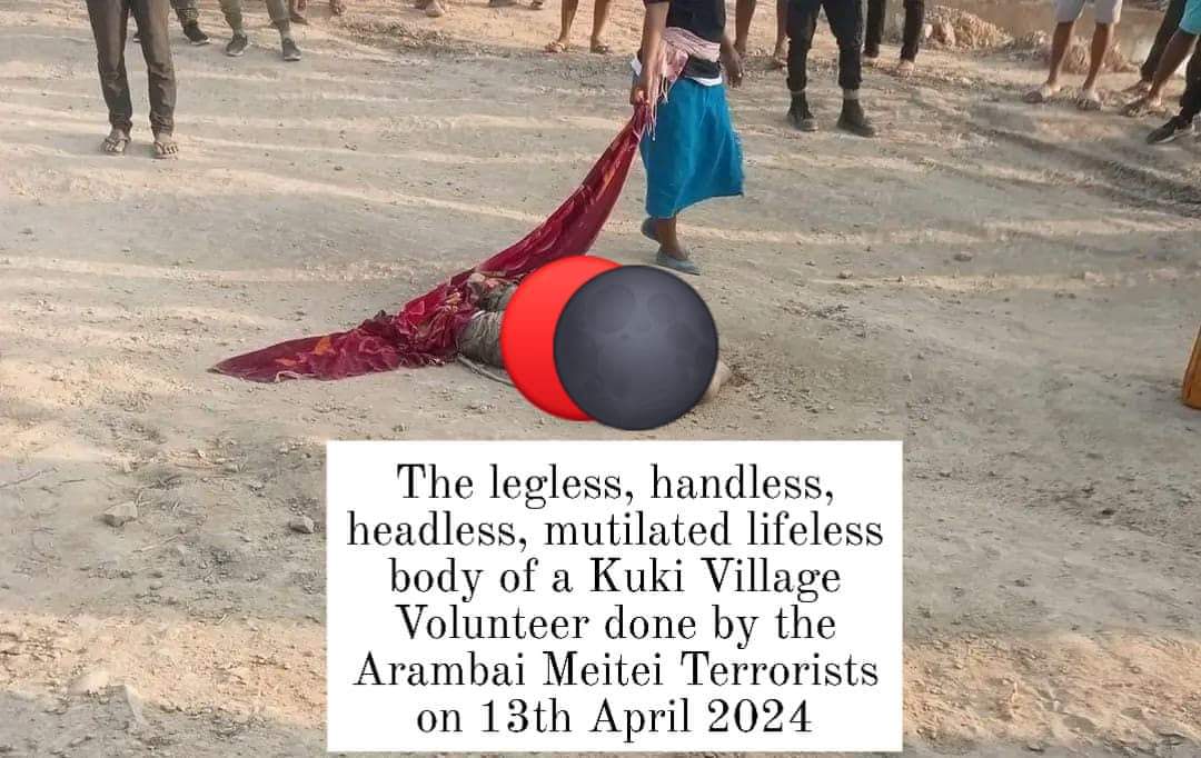 SiamPhaipi's tweet photo. #Manipur #ManipurViolence 
How sick and sadistic can the #Meitei #Arambai #Terrorist be to not only just attack and kill Kuki Village Voluntees, but to mutilage and play with the lifeless body.

How fkd does one have to be to have this level of sick sadistic pleasure !? And people expect us to make nice, and forgive & forget !? Not even hell has a place for devils like these.