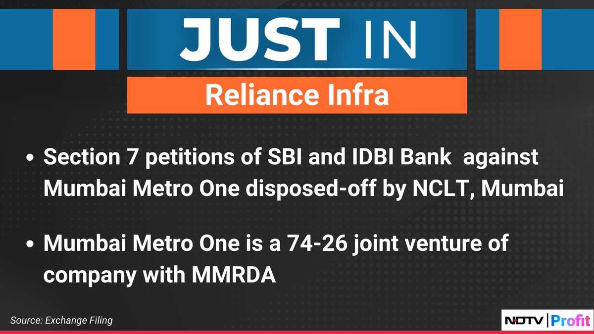 #RelianceInfra: Section 7 petitions against Mumbai Metro One disposed-off by NCLT.

For the latest news and updates, visit: ndtvprofit.com