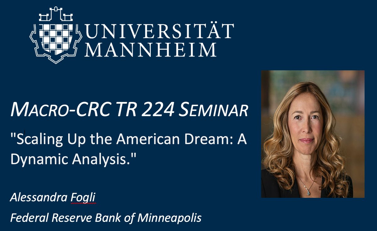 On Thursday, April 18th, at 12:15 pm, we are thrilled to welcome Alessandra Fogli, Federal Reserve Bank of Minneapolis, to our Macro-CRC TR 224 Seminar (@EPoS224 @EconUniMannheim). She will present her paper “Scaling Up the American Dream: A Dynamic Analysis”.