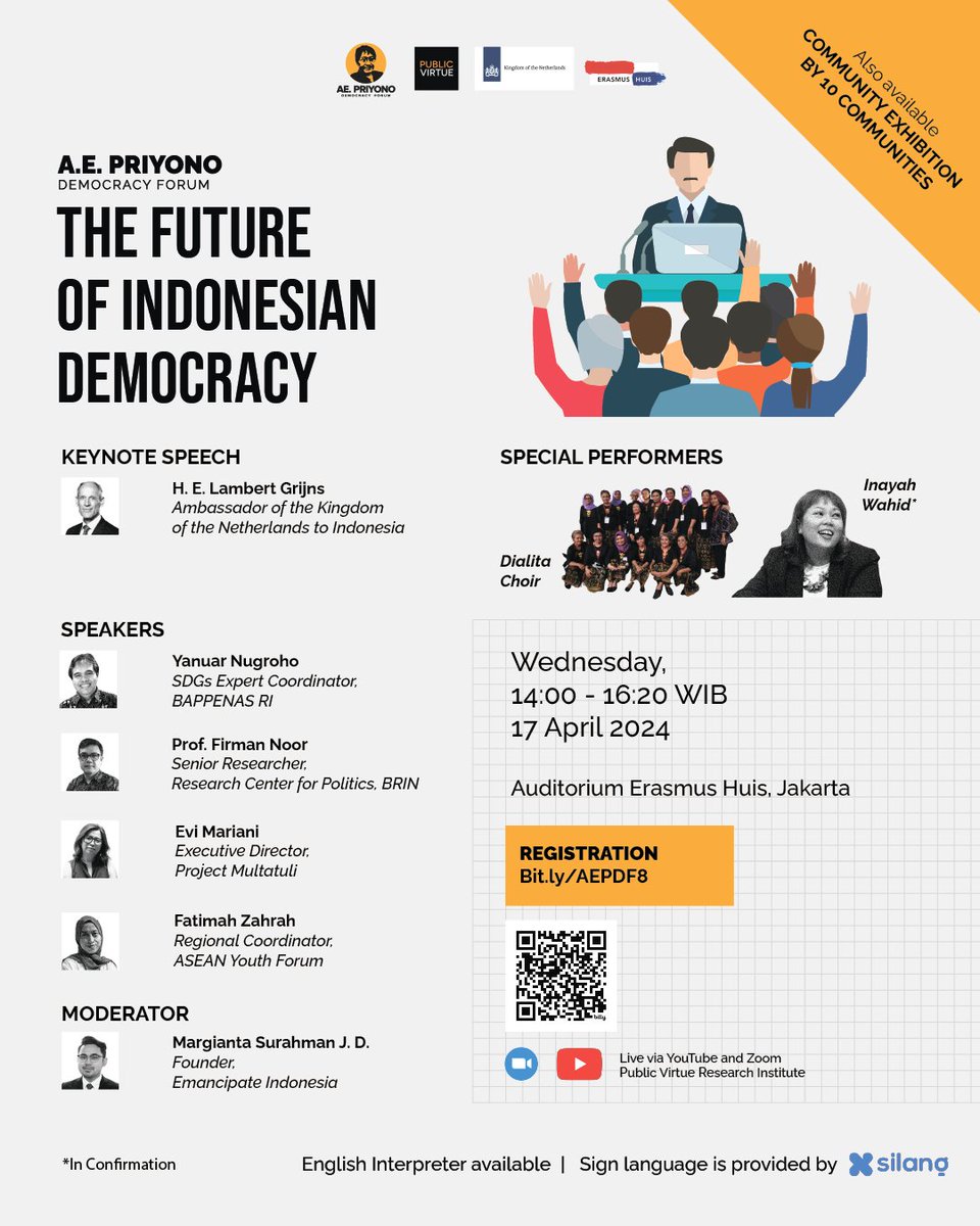 Lusa, ada acara penting. “Masa Depan Demokrasi Indonesia” Rabu, 17 April 2024 14.00 - 16.20 WIB Auditorium Erasmus Huis Pembicara: • @yanuarnugroho • Firman Noor • @evimsofian • Fatimah Zahrah Moderator: @margianta