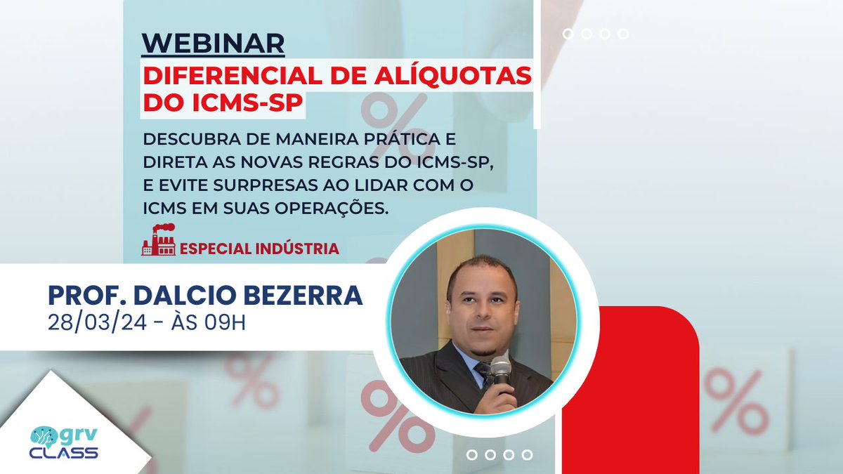grvsoftware's tweet image. 📢WEBINAR – Diferencial de alíquotas do ICMS-SP

Você tem dúvidas sobre o procedimento do Difal? Entenda quando é necessário destacar/aplicar, aprenda como proceder ao emitir uma nota com Difal a pedido do seu cliente.

Nesse Webinar com edição especial, o especialista Dálcio