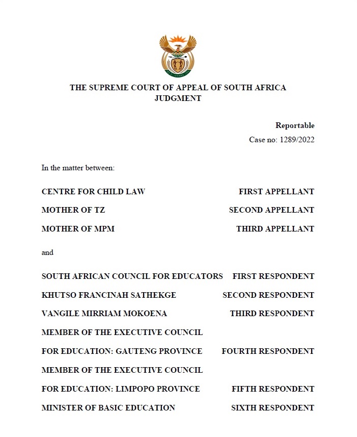 ICYMI: @SCA_ZA corporal punishment judgment a victory for children. We were friend of the court. We're eager to help revise teacher council's Mandatory Sanctions so best interests of kids are key & teachers are trained on nonviolent discipline bit.ly/49BrItG @EElawcentre