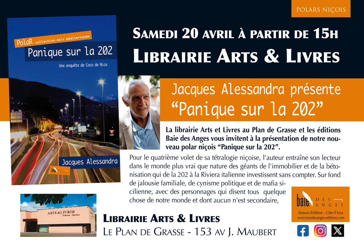 Rencontre polar niçois avec Jacques Alessandra samedi 20 avril librairie Arts et Livres @bdaedit #Baiedesangeseditions #polarnicois #Nice06 #CotedAzurFrance 👍📘🌴🖊️