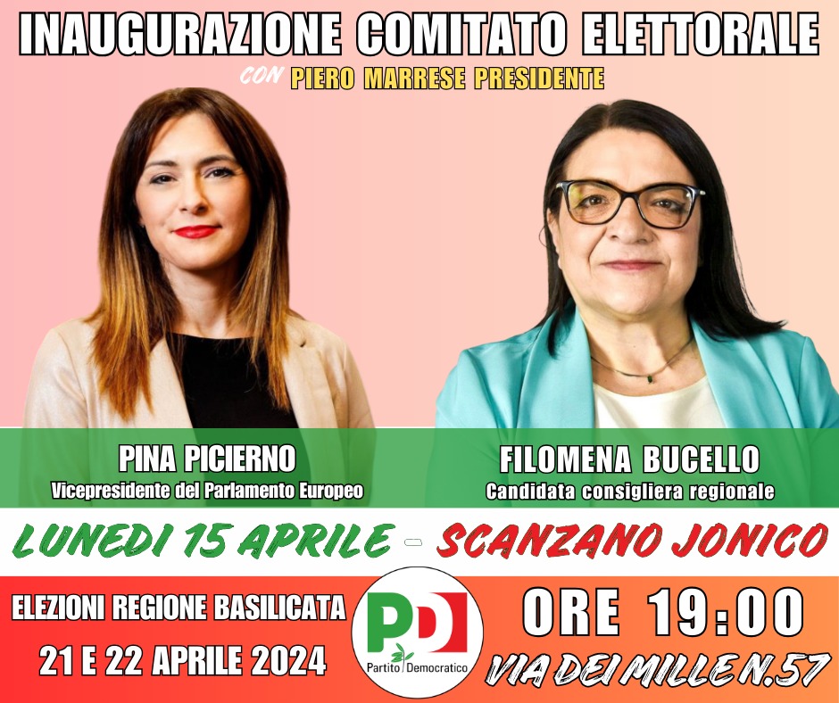 Evento del giorno 15/04 PINA PICERNO per PIERO MARRESE Località e rispettivi orari sono presenti nella locandina. #PdBas #siamodallapartegiusta #votapartitodemocratico #unitisivince con #marresepresidente #regionali2024 🛑 resta aggiornato 🛑 basilicatapd.it