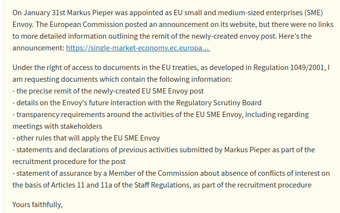 #Piepergate: last week @Europarl_EN voted against the flawed appointment of MEP Pieper as EU SME Envoy 👏 Tomorrow is the (extended) deadline for the @EU_Commission to respond to our #FOI request for key documents re the SME Envoy post #Transparency 👉 asktheeu.org/en/request/the…