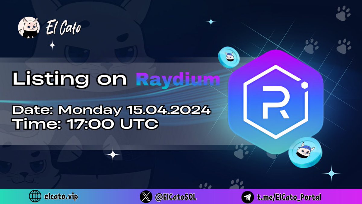 ElCatoSOL's tweet photo. 🎉🚀 Launch Day is finally here! Are you as excited as we are? 🚀🎉

🔥 Get ready to witness history as ElCato goes live on Raydim today at 5 PM UTC. See you there for the big moment! 🐱💥 #ElCato #LaunchDay 🚀🎉 https://t.co/Xm26iMWsEu