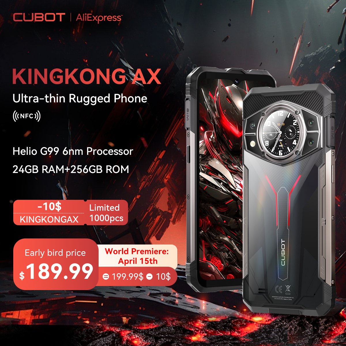 Witness the world premiere of #KingkongAX . Cubot Kingkong AX Only for $189.99 ⏰world premiere from April 15 to April 19 🔗Buy now: s.click.aliexpress.com/e/_olljjdC 🎁Join the giveaway: bit.ly/4acRgi7