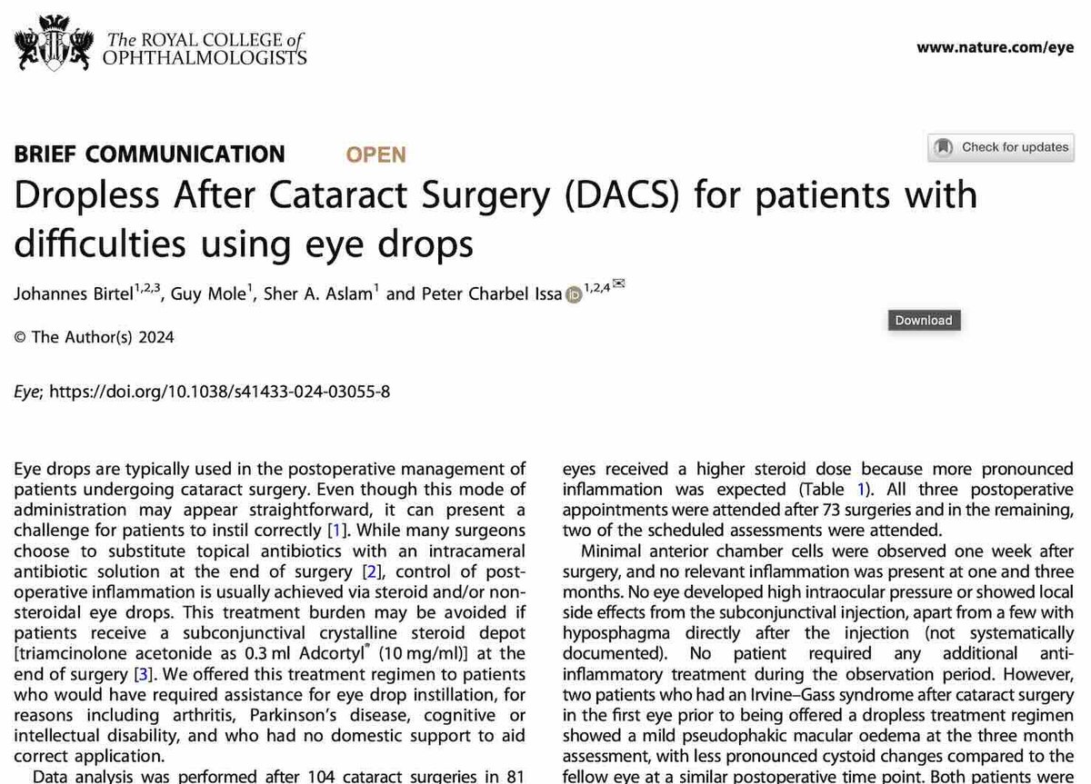 A drop-free treatment plan post-cataract surgery can effectively manage inflammation for patients struggling with eye drops. Caution is advised for those with glaucoma or steroid sensitivity. Read in full #OpenAccess here: nature.com/articles/s4143… #Ophthalmology #FOAMed #Cataract