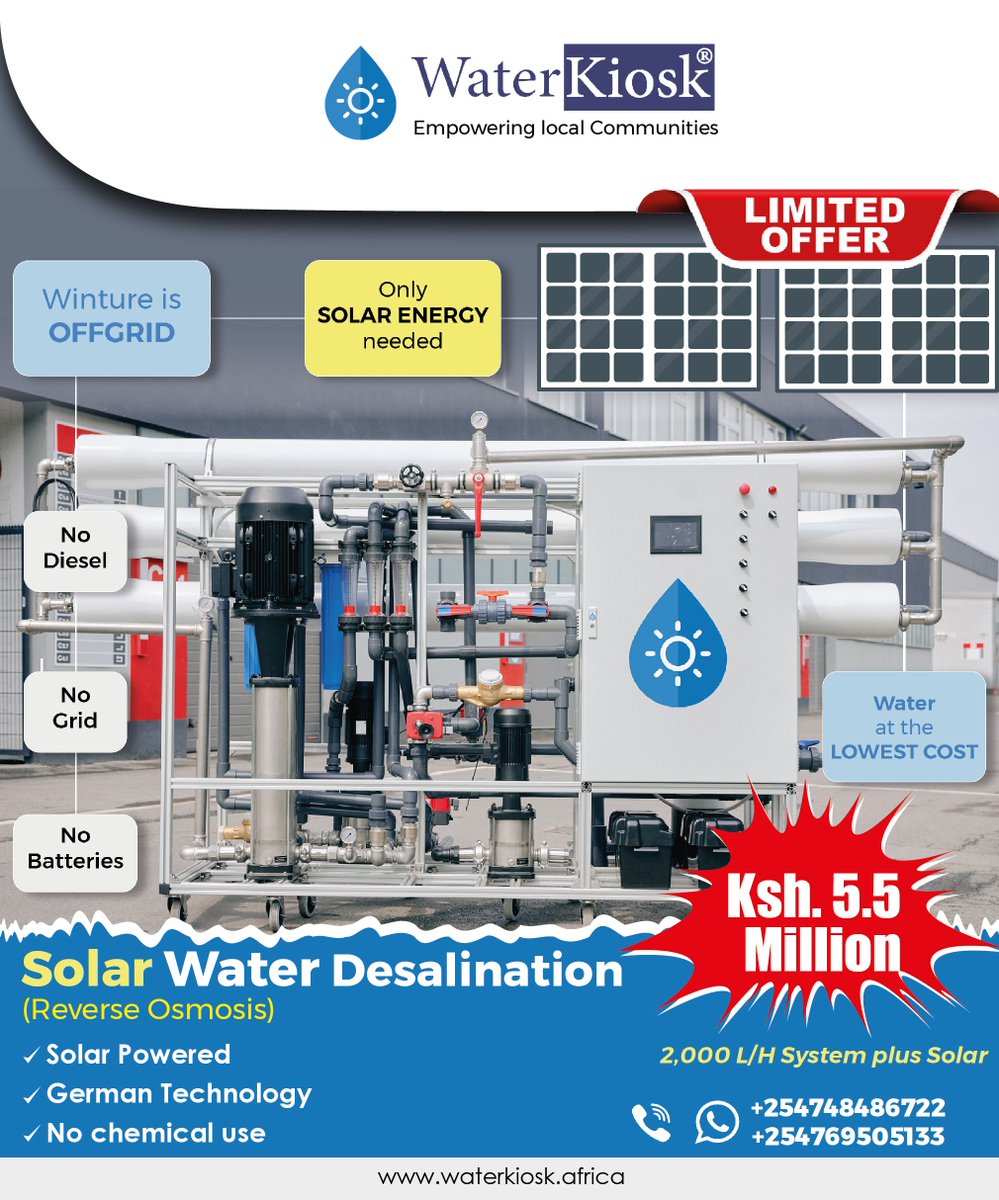 Limited offer! ⚡️
Get this advanced 2,000lph RO system at a fraction of the regular price. 
The system is capable of delivering high quality hygiene drinking, irrigation, fish farm and sanitation water from any kind of high saline and polluted water resources.
Call: +254748486722
