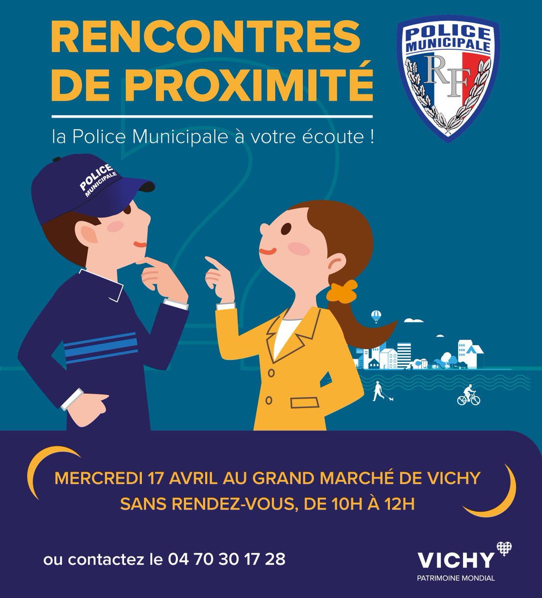 [#Proximité] 💬 Rendez-vous à la première rencontre avec la Police municipale ! Echangez avec eux sur votre quotidien. ⌚ Mercredi 17 avril de 10h à 12h 📍 Grand Marché de Vichy