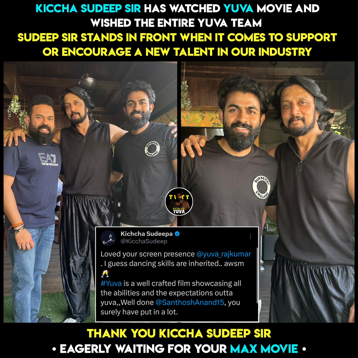 Thank You <a href="/KicchaSudeep/">Kichcha Sudeepa</a> Sir...❤️🙏

ನಿಮ್ಮ ಮ್ಯಾಕ್ಸ್ ಚಿತ್ರಕ್ಕಾಗಿ ಕಾಯುತ್ತಿದ್ದೇವೆ 🔥❤️

#DrPuneethRajkumar #Kicchasudeep 
#YuvaRajkumar #SanthoshAnanddram 
#Yuva #FamilyBlockBusterYuva 
#BlockBusterYuva #TrollWhoTrollsYuva