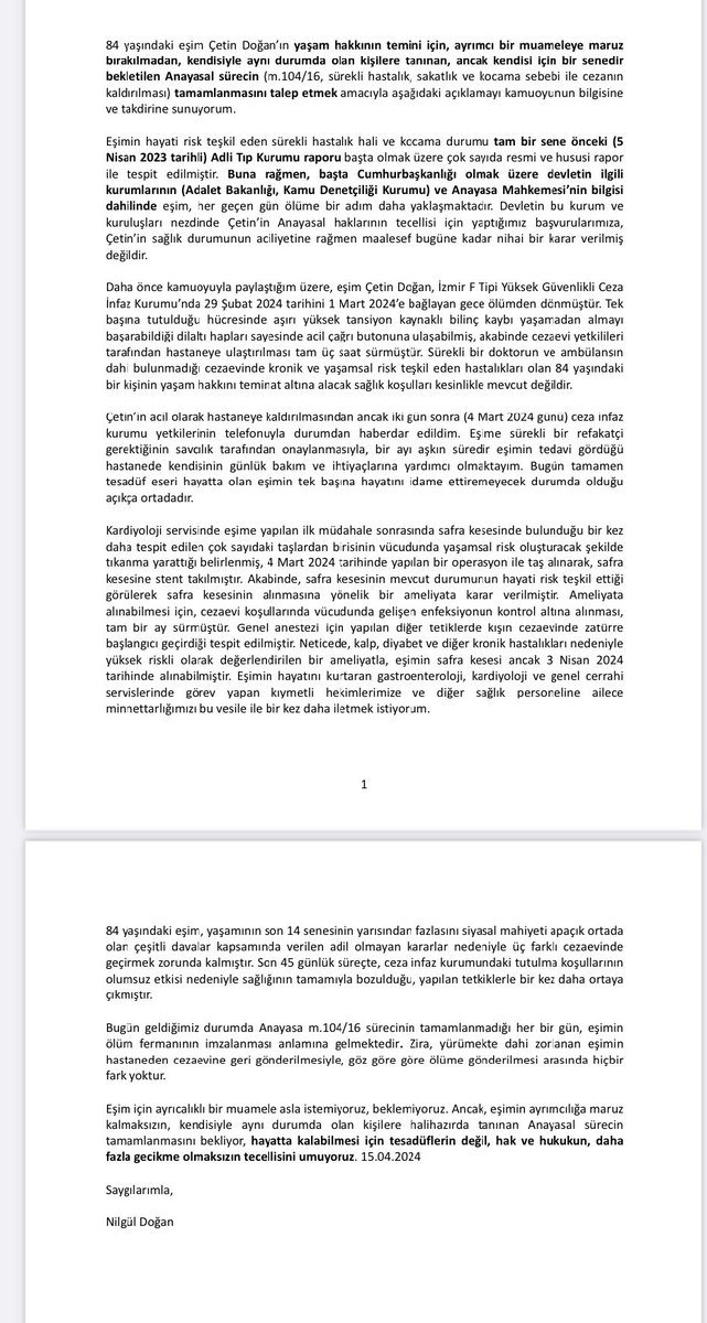 aytuncerkin1907's tweet photo. Emekli Orgeneral Çetin Doğan'ın eşi Nilgül Doğan’ın sesini duyun:

✍🏿 Eşimin hastaneden cezaevine geri gönderilmesiyle göz göre göre ölüme gönderilmesi arasında fark yoktur. https://t.co/HSj2KC3wc1