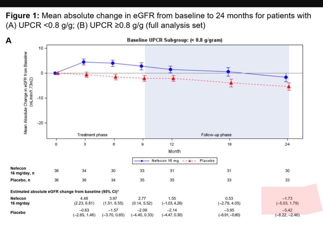 eGFR for patients UPCR <=0.8g/g:
Sparsentan/Filspari 25 months: -3.7
Nefecon/Tarpeyo 9 months + 15 months without: -1.7

Nefecon is without dought the better choice for patients with UPCR <=0.8! Will change the view how the kdigo guidelines 2024 will end up.
$WCN24 $caltx $tvtx