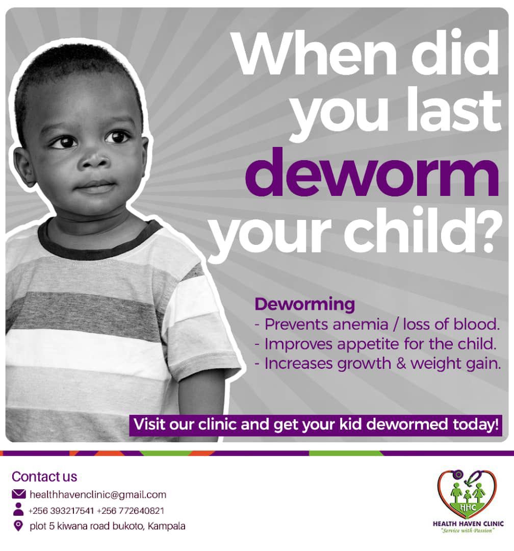 Hey parents! 🌟 When did you last deworm your little ones? Keeping up with regular deworming is key to their health and happiness. Let's make sure we're giving them the best protection against parasites! #HealthHavenClinicUg