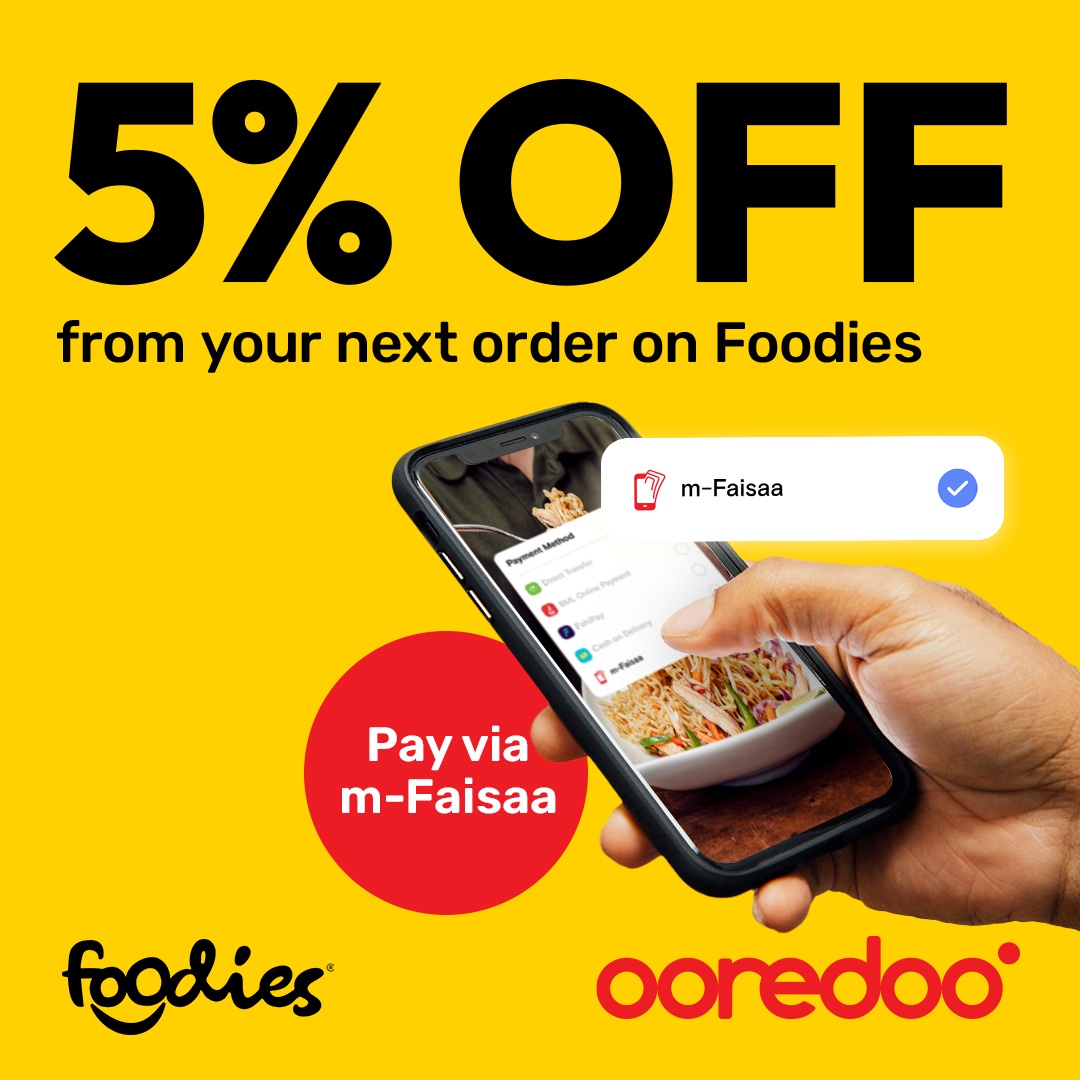 Get a discount of 5% off from your second Foodies order when you choose to make your payment using the convenient and secure m-Faisaa.

Once you make the purchase, your coupon code will be sent as an SMS within a maximum of 12 hours!

⏰ Promotion ends on 30th April 2024!
