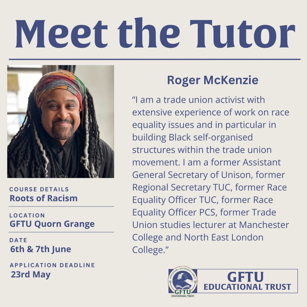 Our next Roots of Racism course will be run by trade union activist, @RogerAMck. 👋 Join him as he delves into the context of racism, challenging racism in the workplace and the community and much more - gftuet.org.uk/courses/roots-… 🔎 Find out more about Roger below👇 #GFTUET