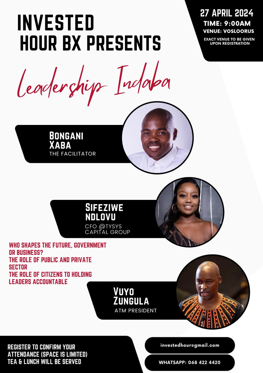 Let's engage in this important conversation about the state of our leadership as we are nearing the national elections next month. Register and be part of the conversation. To register, WhatsApp: 068 422 4420. Lunch will be served. @ZungulaVuyo @sellomkn @Solopearl