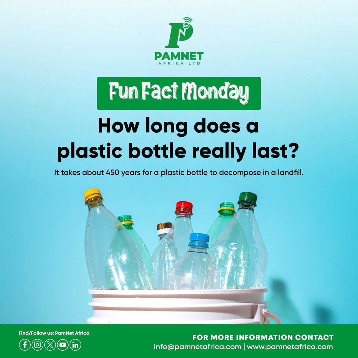 It takes about 450 years for a plastic bottle to decompose in a landfill. Let’s choose reusable options and recycle what we can!♻️ #reducewaste #pamnetafrica