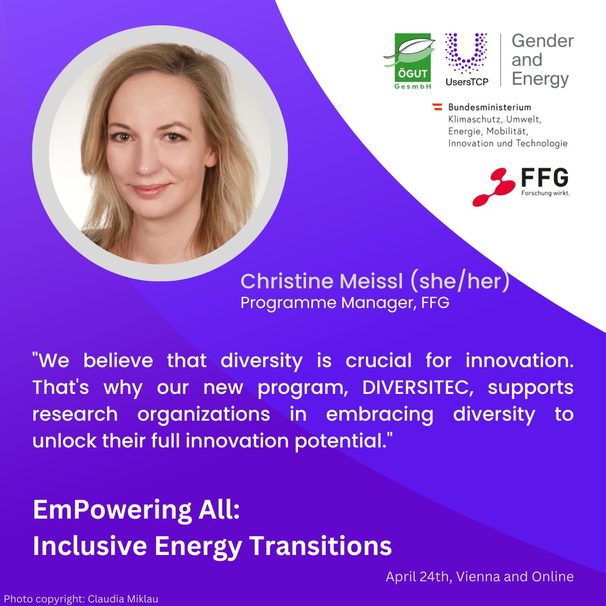 Christine Meissl is joining us as a speaker sharing insights into FFG's funding opportunities in Austria, with a special focus on the brand-new #DIVERSITEC initiative. #EmPoweringAll #Inclusive
🗓️ April 24, 2024, 09:30 – 17:30 (CEST) /hybrid 
Register at: surveymonkey.com/r/PJBDZQJ