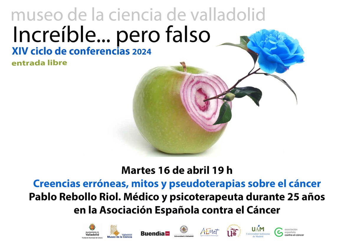 ¡Recordad! Mañana, 3ª charla del ciclo ‘Increíble… pero falso’. Un encuentro en el que Pablo Rebollo Riol, médico y psicoterapeuta, explicará las ‘Creencias erróneas, mitos y pseudoterapias sobre el cáncer’. 🗓️Martes 16/04, 19 h. Entrada libre 🔗tinyurl.com/39srbz35