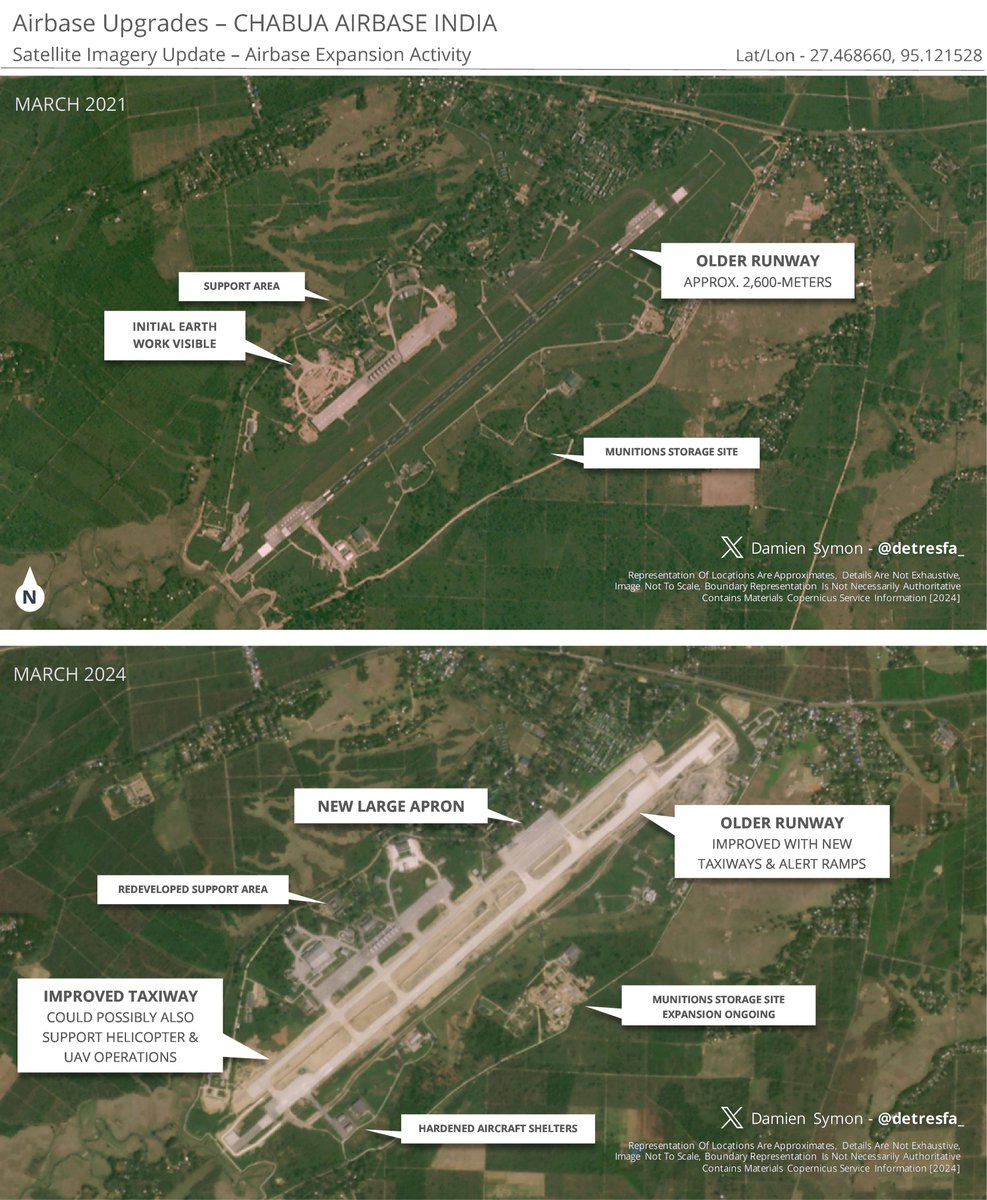 The Chabua airbase, a crucial facility for the Indian Air Force under its eastern command near the Chinese border, has been undergoing extensive renovations, recent imagery highlights the scale & significant progress achieved on-site