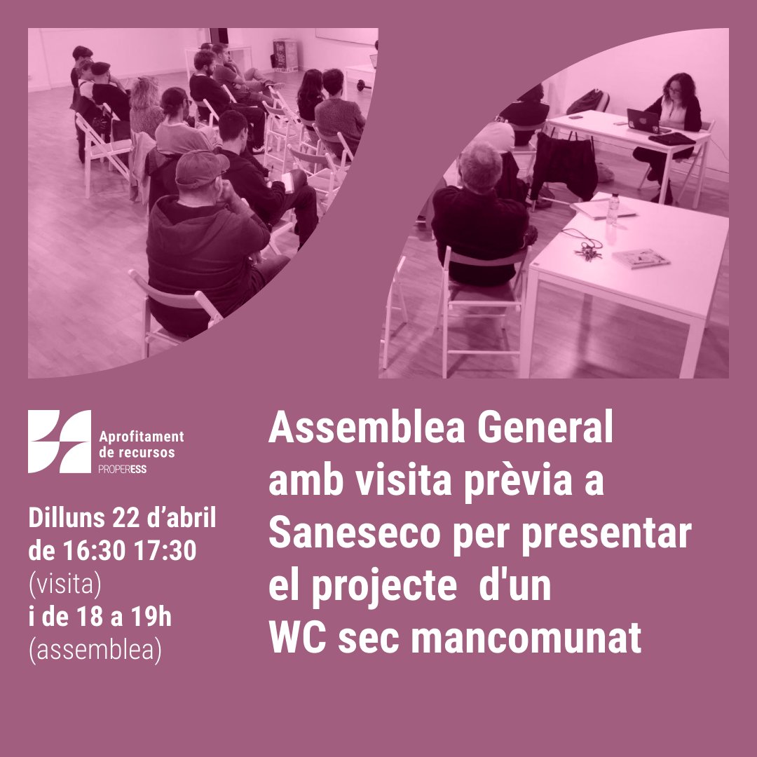 properess's tweet photo. ASSEMBLEA GENERAL DE PROPERESS
📅 22/04 a la @Naubostik:
🚾 Visita prèvia de 16:30 a 17:30 al taller de #saneseco
🚶🏽‍♂️ Ruta fins a #NauBostik pel Pont del Treball Digne
🗣️ Assemblea General a les 18 h
🎂 Celebració a la sala #Km14 amb càtering

https://t.co/JBFrRE9s1P https://t.co/QhuZJadWze